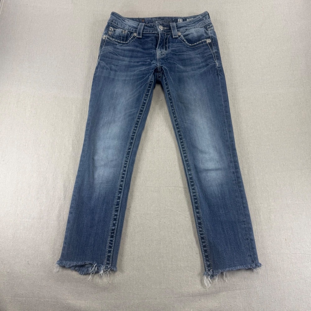 Miss Me Skinny Cropped Jeans Medium Wash Rhinestone Fleur De Lis Size 27 Y2K